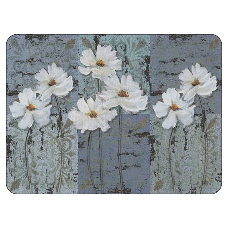 White Poppies floral corkbacked placemats, traditional design with blue grey colours