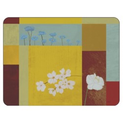 Yellow abstract corkbacked placemat design of white daisy flowers in squares