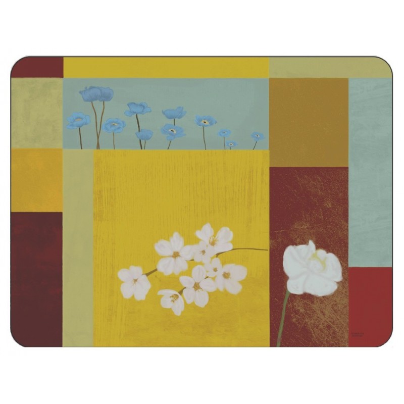 Yellow abstract corkbacked placemat design of white daisy flowers in squares
