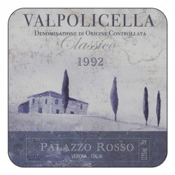 Wine label design of square drinks coasters with corkbacking. Vino Italiano Valpolicella