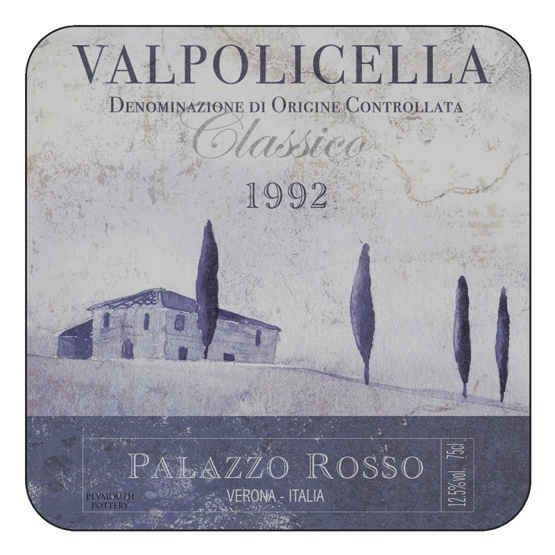 Wine label design of square drinks coasters with corkbacking. Vino Italiano Valpolicella