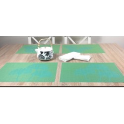 Vibrant green Verdigris woven vinyl tablemats with teapot
