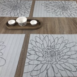 Reverse side of woven vinyl tablemats Steel Fleximats design with serving bowls on dining table
