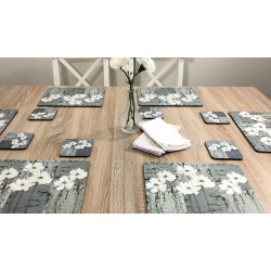 wooden dining table image of White Poppies corkbacked tablemats, traditional floral design