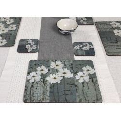 runner on dining table with White Poppies corkbacked tablemats, traditional floral design