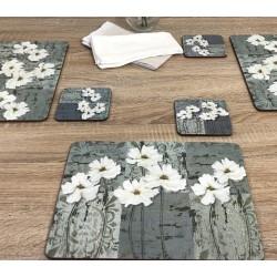 Close up wooden dining table image of White Poppies corkbacked tablemats, traditional design