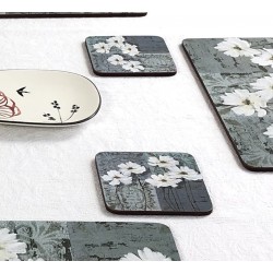 Close up image of floral corkbacked coasters, White Poppies design