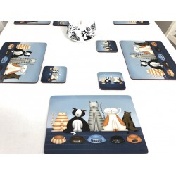 White dining table view of animal design tablemats of Hungry Cats, corkbacked with hard surface
