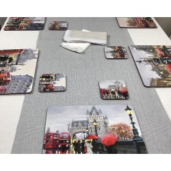 Main view Streets of London corkbacked placemats on grey runner on dining table