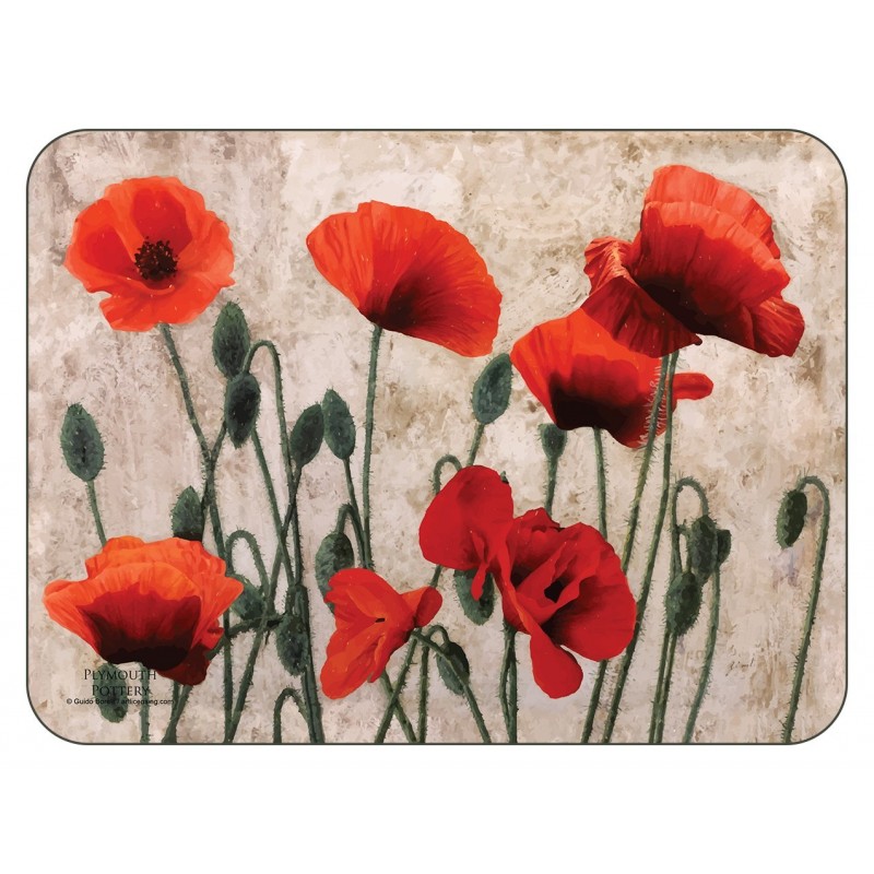 Red Poppies, beige background, corkbacked floral placemats