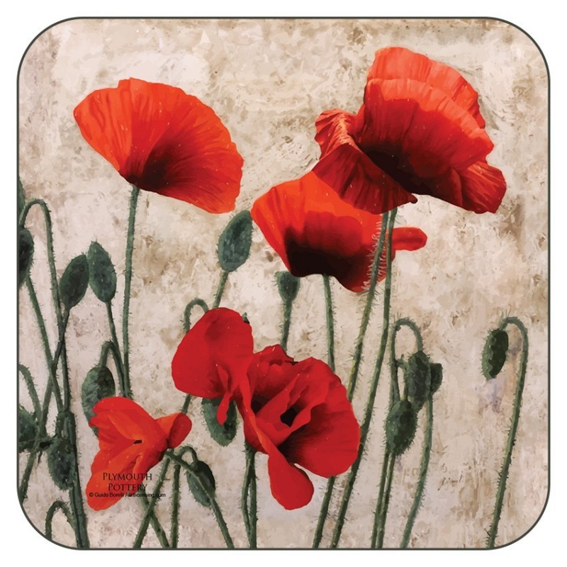 Red Poppies design cork backed floral coasters