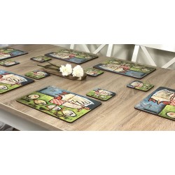 Mother Hen drinks coasters on wooden table