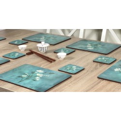 Infinity corkbacked floral coasters wooden table with chopsticks