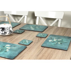 Wooden table and teapot with Infinity corkbacked floral coasters