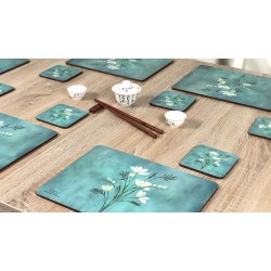 Infinity corkbacked floral placemats set on table with chopsticks