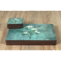 Neatly stacked Infinity, teal blue background, corkbacked floral placemats and matching coasters