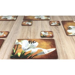 Lily Sunburst orange background, corkbacked placemats floral design with white flowers