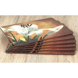 Placemats Lily Sunburst orange background, corkbacked floral design fanned out all six