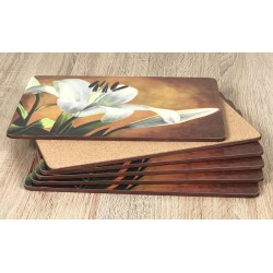 Placemats Lily Sunburst orange background, corkbacked floral design fanned showing cork base