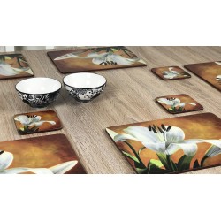 Wooden table setting Lily Sunburst design cork backed floral coasters and placemats