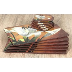 Lily Sunburst design cork backed floral coasters with placemats stacked