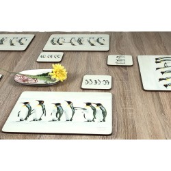 Yellow flower on table with Penguin Parade animal corkbacked tablemats and coasters
