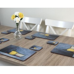 Vase of yellow flowers and Blue Harmony corkbacked drinks coasters